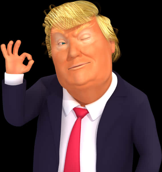 誇張造型3D人物 壁紙 — 一個3D渲染的漫畫人物，金髮男子身穿西裝，在黑色背景前做出OK手勢。