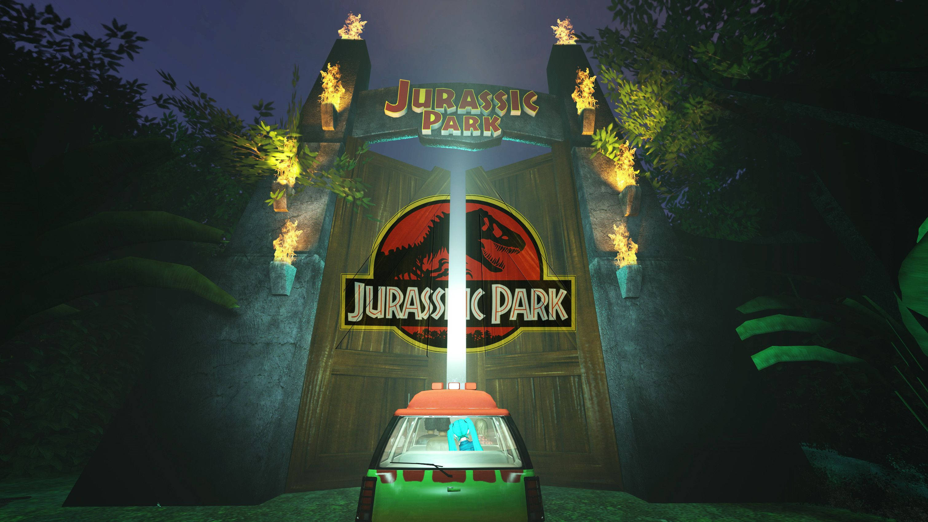 侏羅紀公園 3D 遊戲 壁紙 — 一輛綠色汽車在夜間接近發光的侏羅紀公園大門，周圍環繞著叢林樹葉和火炬。