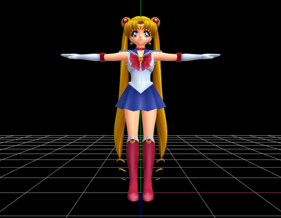 水手月亮3D模型姿勢 壁紙 — 美少女戰士3D模型站在網格中央，雙臂伸展，背景為黑色。