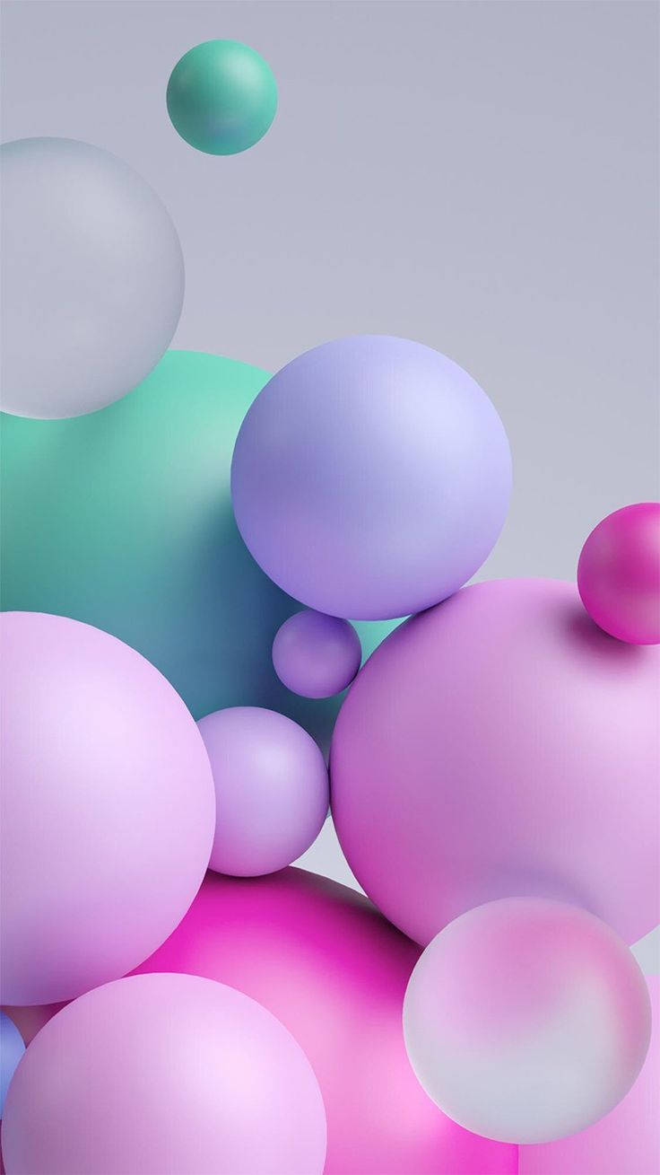 少女風手機壁紙：3D 氣球 壁紙 — 柔和的粉紅色、紫色和青色浮動粉彩球體懸浮在柔和的灰色背景上。