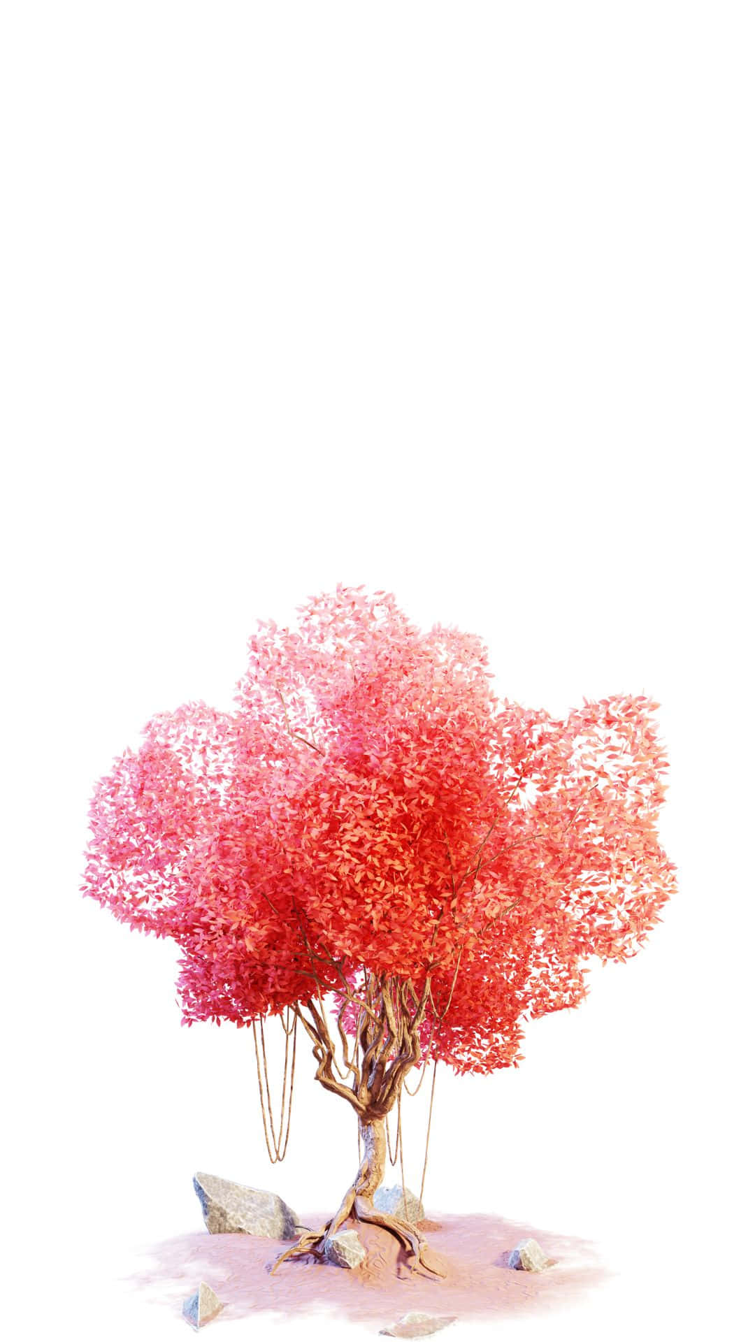 紅樹3D藝術 壁紙 — 一棵充滿活力的紅色樹木，帶有複雜的根部和葉子，獨自矗立在沙地與岩石上，背景是純白色。
