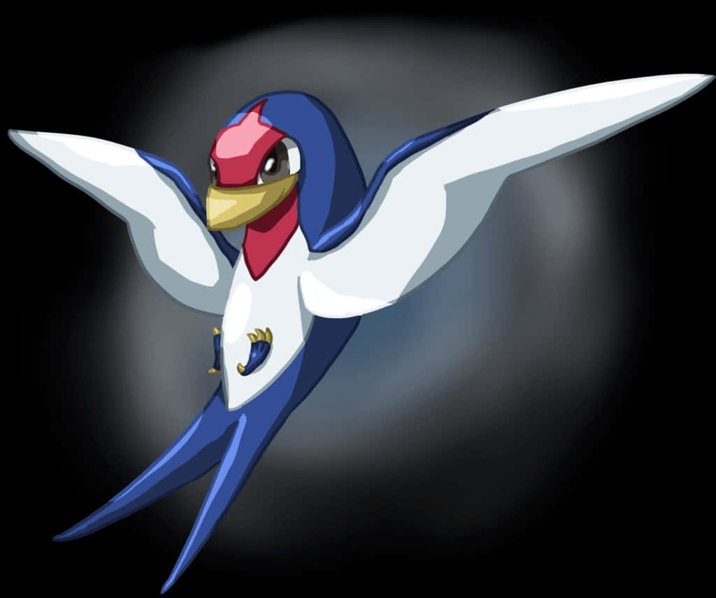 3D Taillow 深色背景 壁紙 — 一隻風格化的藍白相間鳥兒，紅頭黃喙，在深色漸變背景中翱翔。