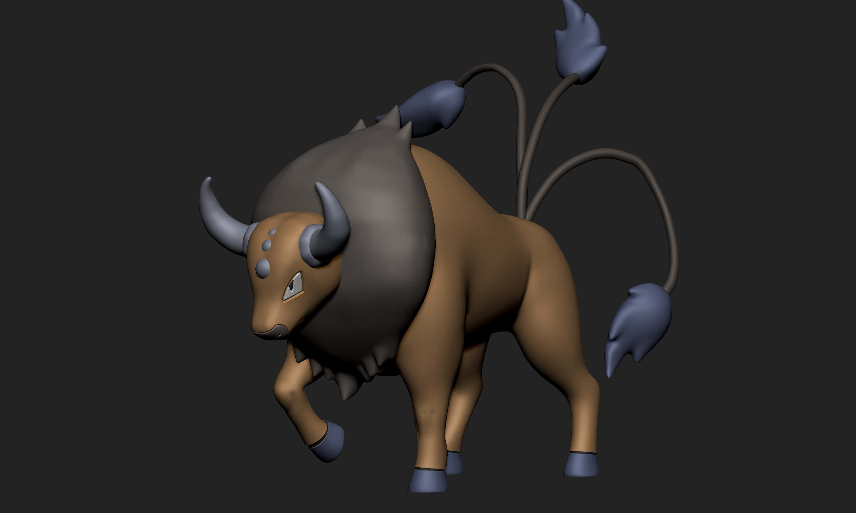 3D Tauros 模型 壁紙 — 一個3D渲染的類似公牛的生物，有灰色角和藍色尖端的尾巴捲鬚，站在深灰色背景前。