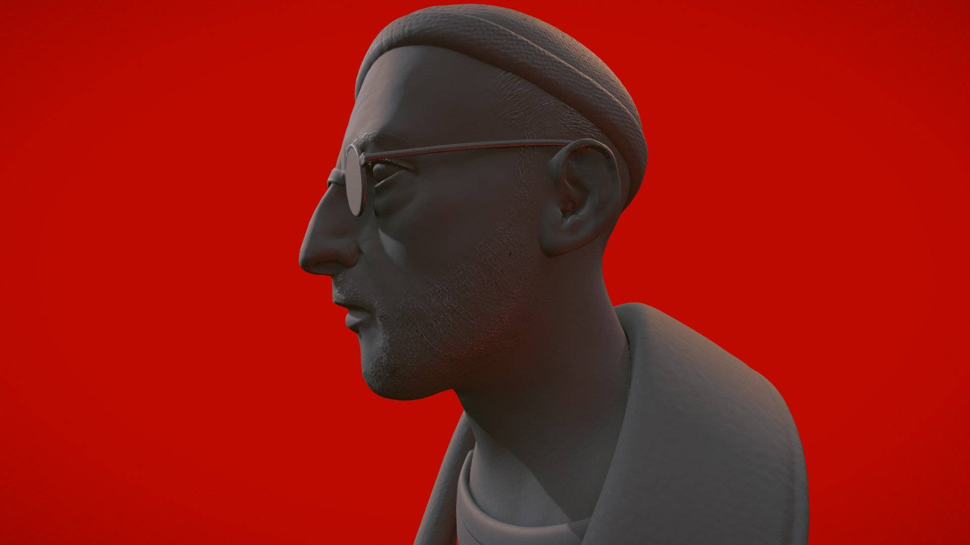 讓·雷諾3D頭像藝術 壁紙 — 一個灰色3D渲染的戴眼鏡男性側面輪廓，背景為大膽的紅色。