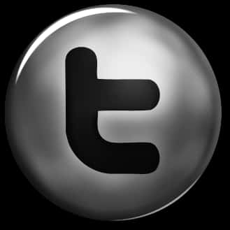 3D Twitter Logo 按鈕 壁紙 — 一個光滑的金屬球體，中央有一個黑色小寫 't' 標誌，背景為深色。