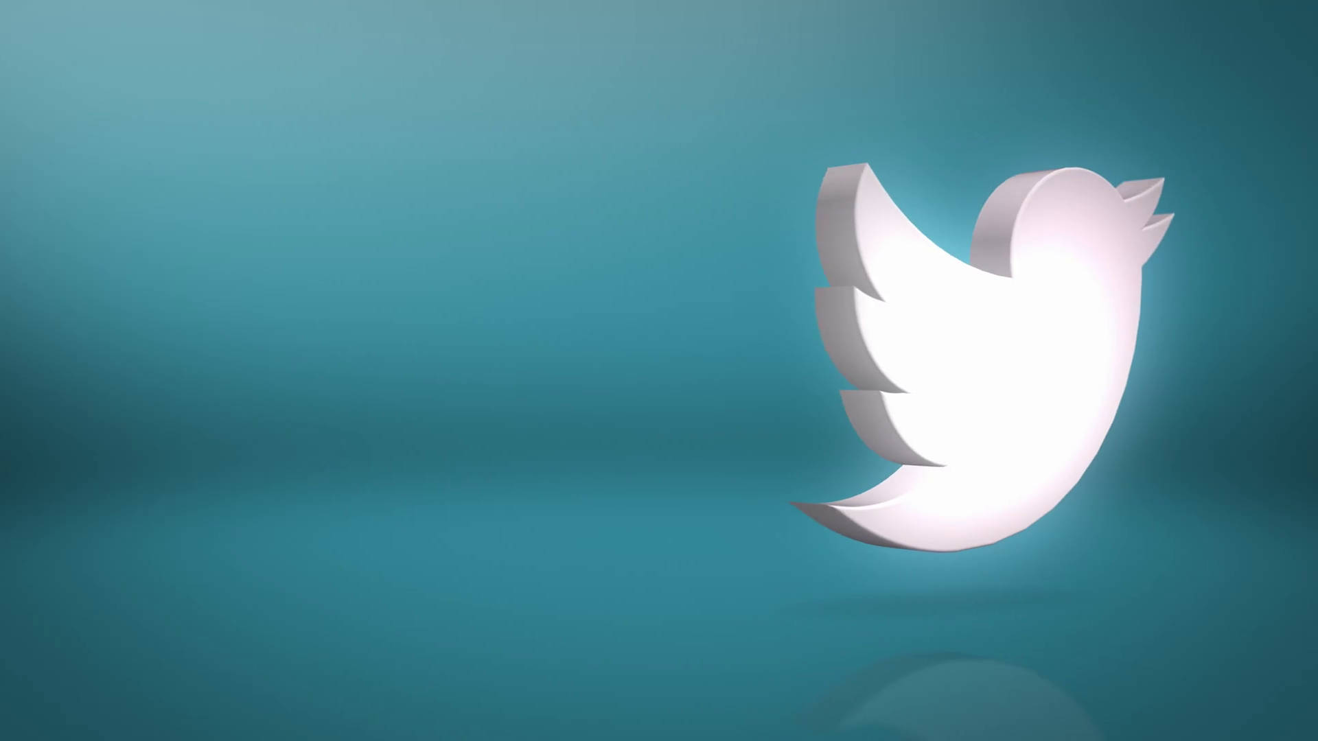 3D Twitter 標誌 壁紙 — 一個發光的白色3D Twitter鳥標誌漂浮在平滑的藍綠色漸變背景上，帶有柔和反射。