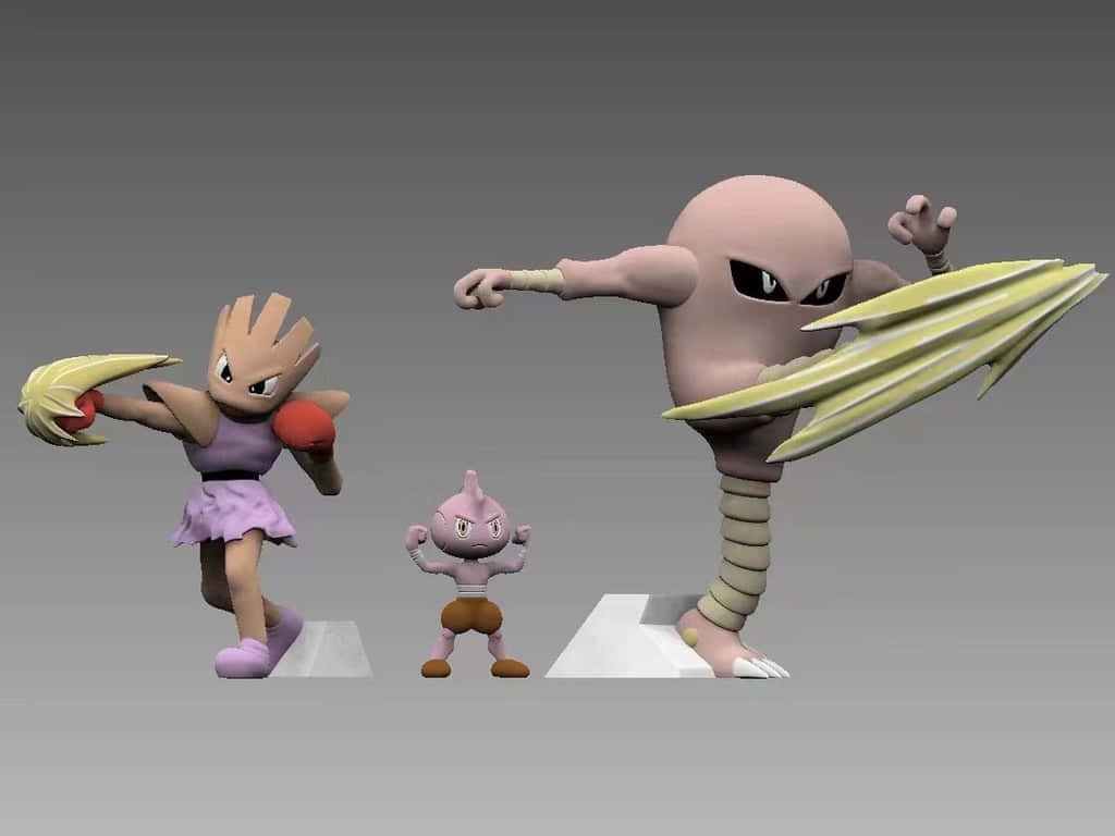 3D Tyrogue與Hitmonchan及Hitmonlee 壁紙 — 三個寶可夢公仔在柔和的燈光下，於純灰色背景上動態擺姿勢。