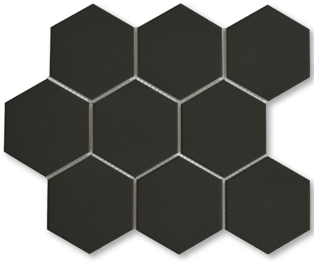 3D六邊形磚塊紋理 壁紙 — 六角形深灰色瓷磚配銀色填縫劑，以幾何圖案排列在黑色背景上。