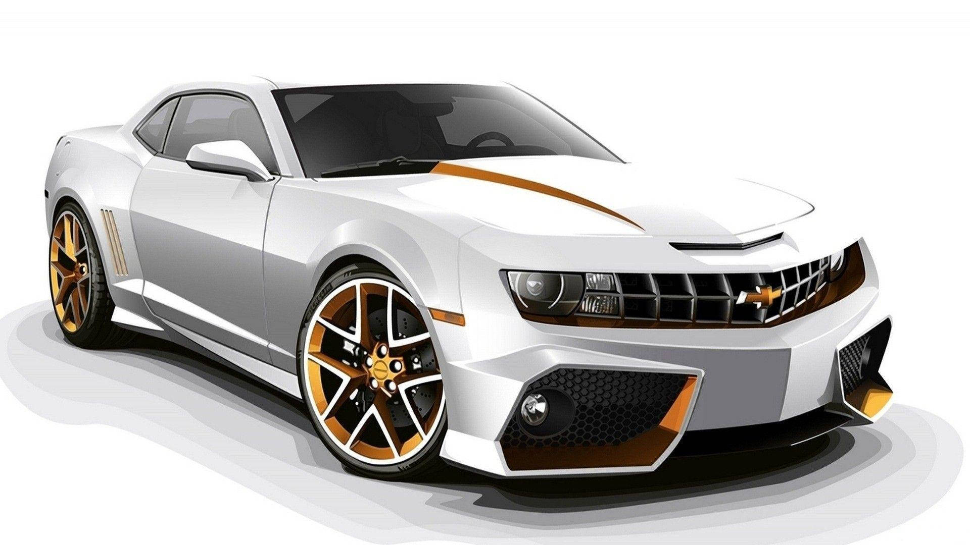 配金色輪圈的白色3D跑車 壁紙 — 一輛時尚的白色跑車，帶有金色點綴和黑色飾邊，以工作室風格的向量插圖展示在純白色背景上。