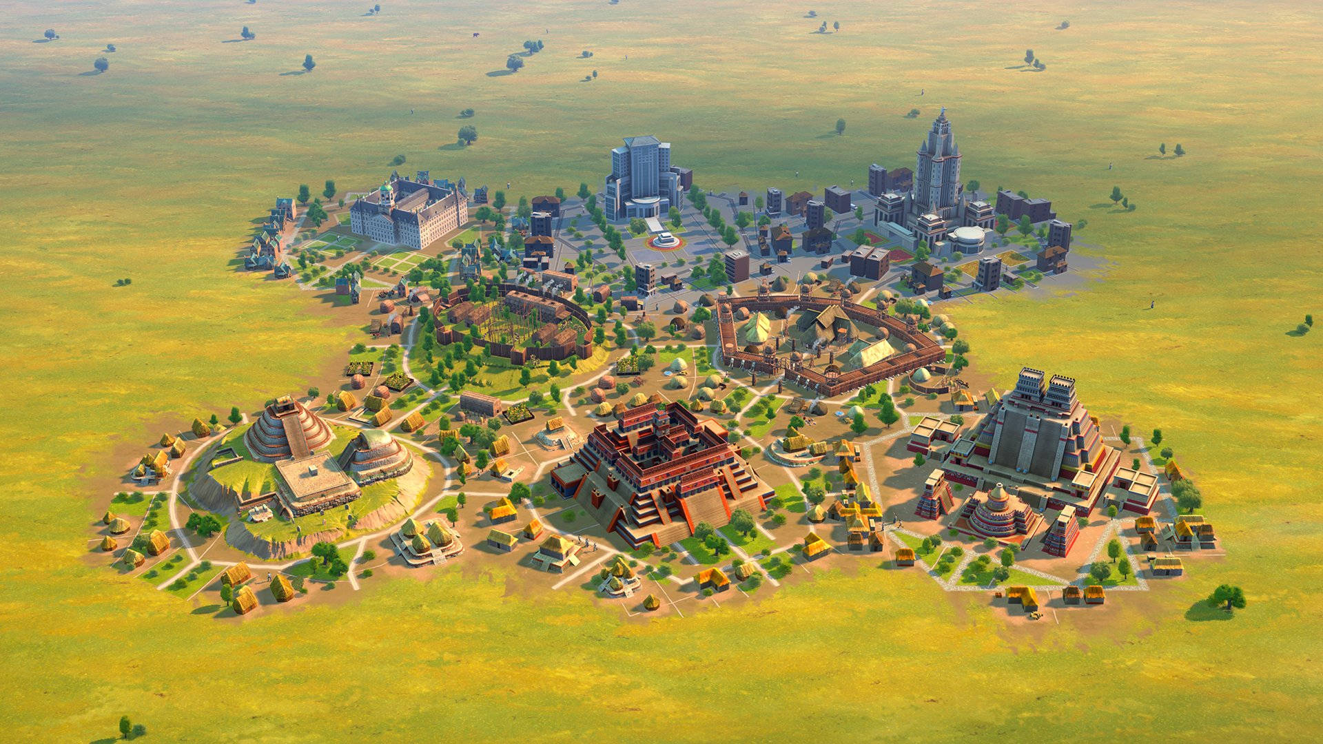 人類文明：3D城市中心藝術 壁紙 — 從高空俯瞰一座廣闊的奇幻城市，融合了古老寺廟和未來主義摩天大樓，橫跨金色平原。