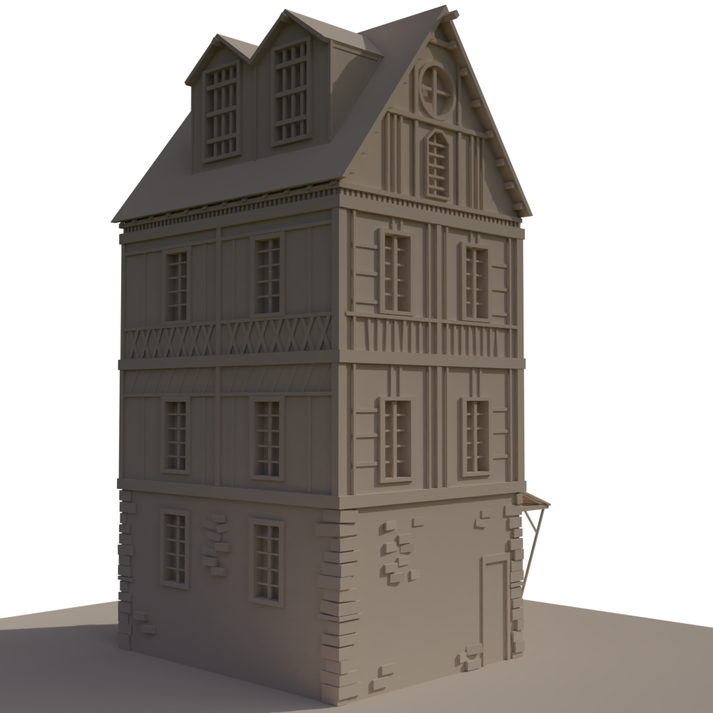 中世紀木架房屋3D模型 壁紙 — 一座細節豐富的3D渲染米色半木造房屋，擁有多扇窗戶和山形屋頂，矗立在黑色背景的平坦表面上。