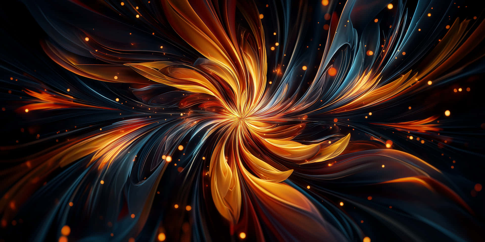 在深藍色背景上旋轉著橙色火花的鮮豔金色螺旋。