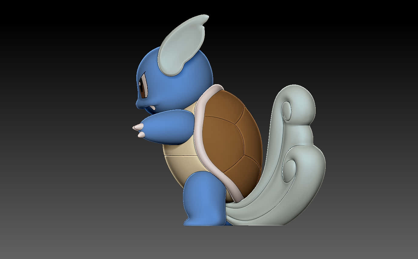 3D wartortle 的側面視圖 壁紙 — 一隻3D渲染的藍色和棕色卡通烏龜，帶有白色龜殼和大耳朵，站在深色漸變背景前。