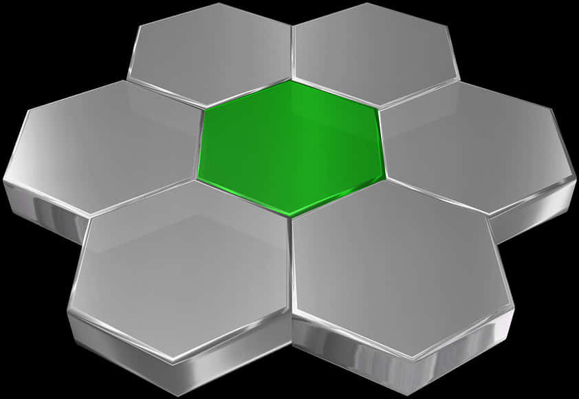 3D六邊形磁磚綠色中心 壁紙 — 一個未來主義的花朵狀結構，由六個銀色六邊形圍繞一個發光的綠色六邊形組成，背景為黑色。