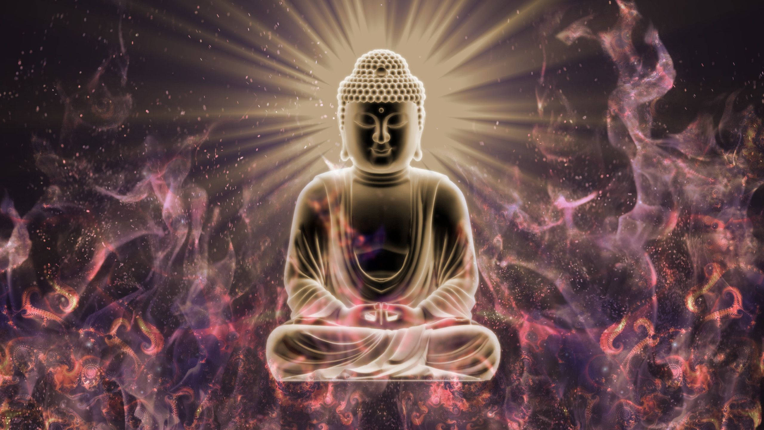 佛像3D火中雕塑 壁紙 — 一尊寧靜的佛像在旋轉的宇宙粉紅色和紫色星雲中散發出金色光芒。