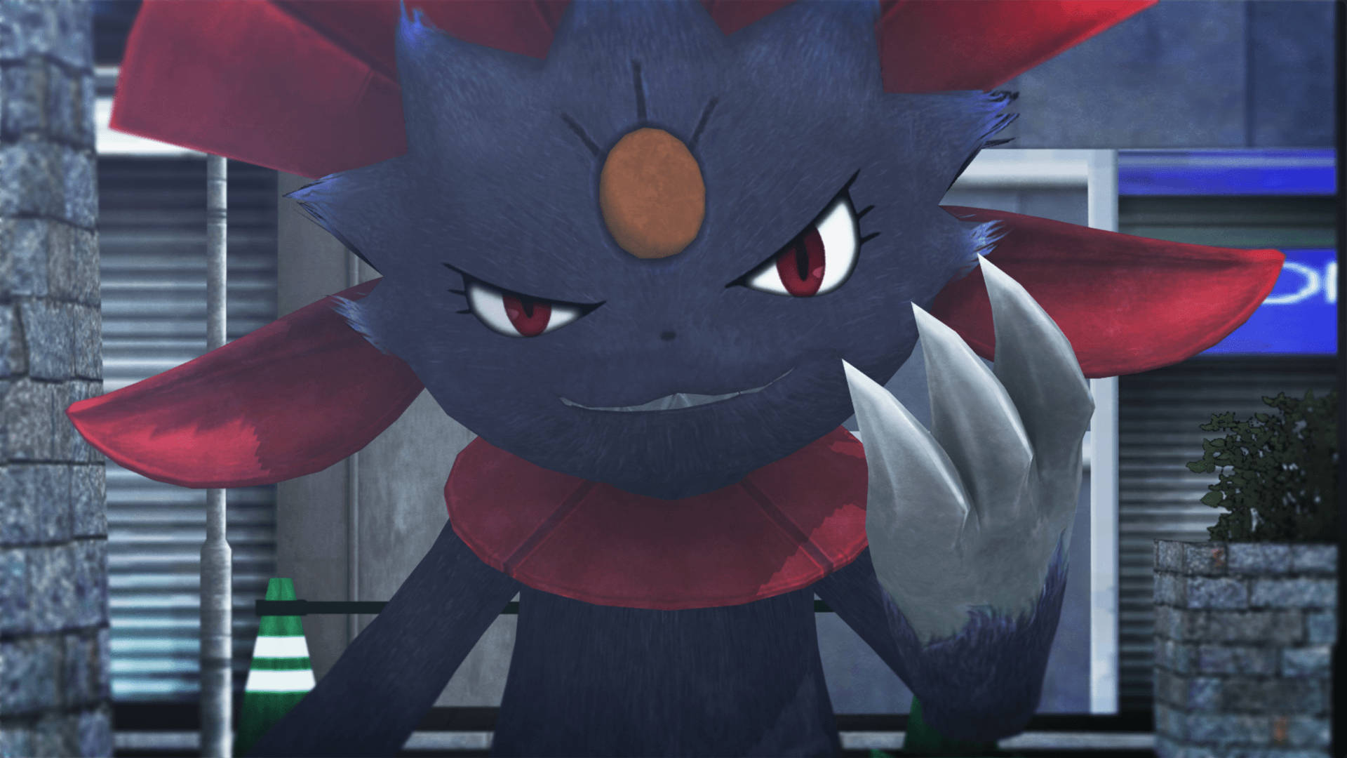 3D Weavile 悍匪造型 壁紙 — 一隻深藍色動漫生物，長有紅色耳朵和眼睛，在城市小巷中兇狠地瞪視。