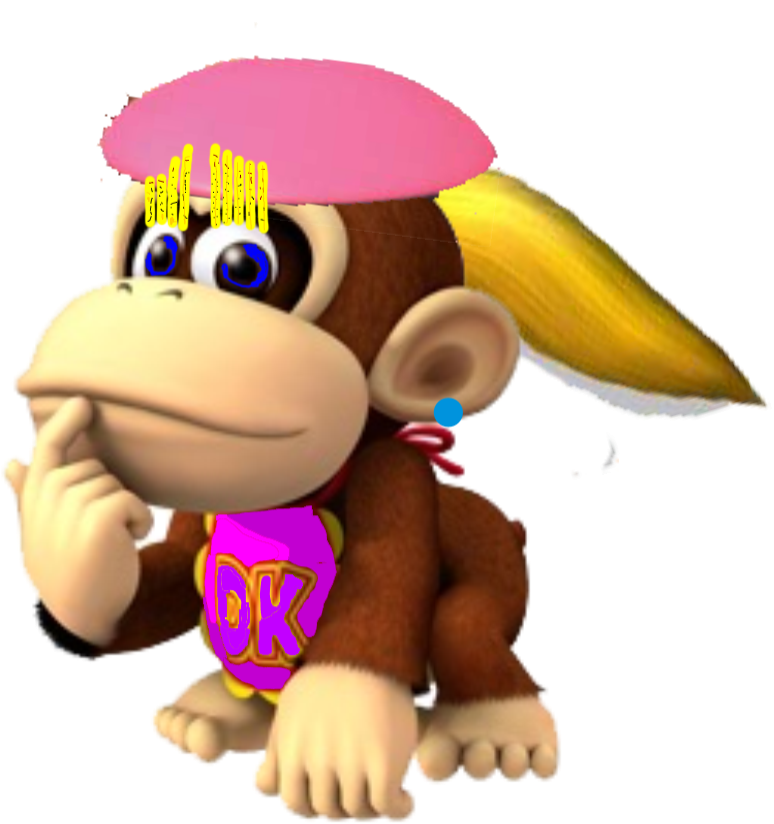 沉思猴子 3D 形象 壁紙 — 一隻戴粉紅色帽子和黃色頭髮的卡通猴子，穿著紫色DK襯衫，手指放在下巴上若有所思地坐著。