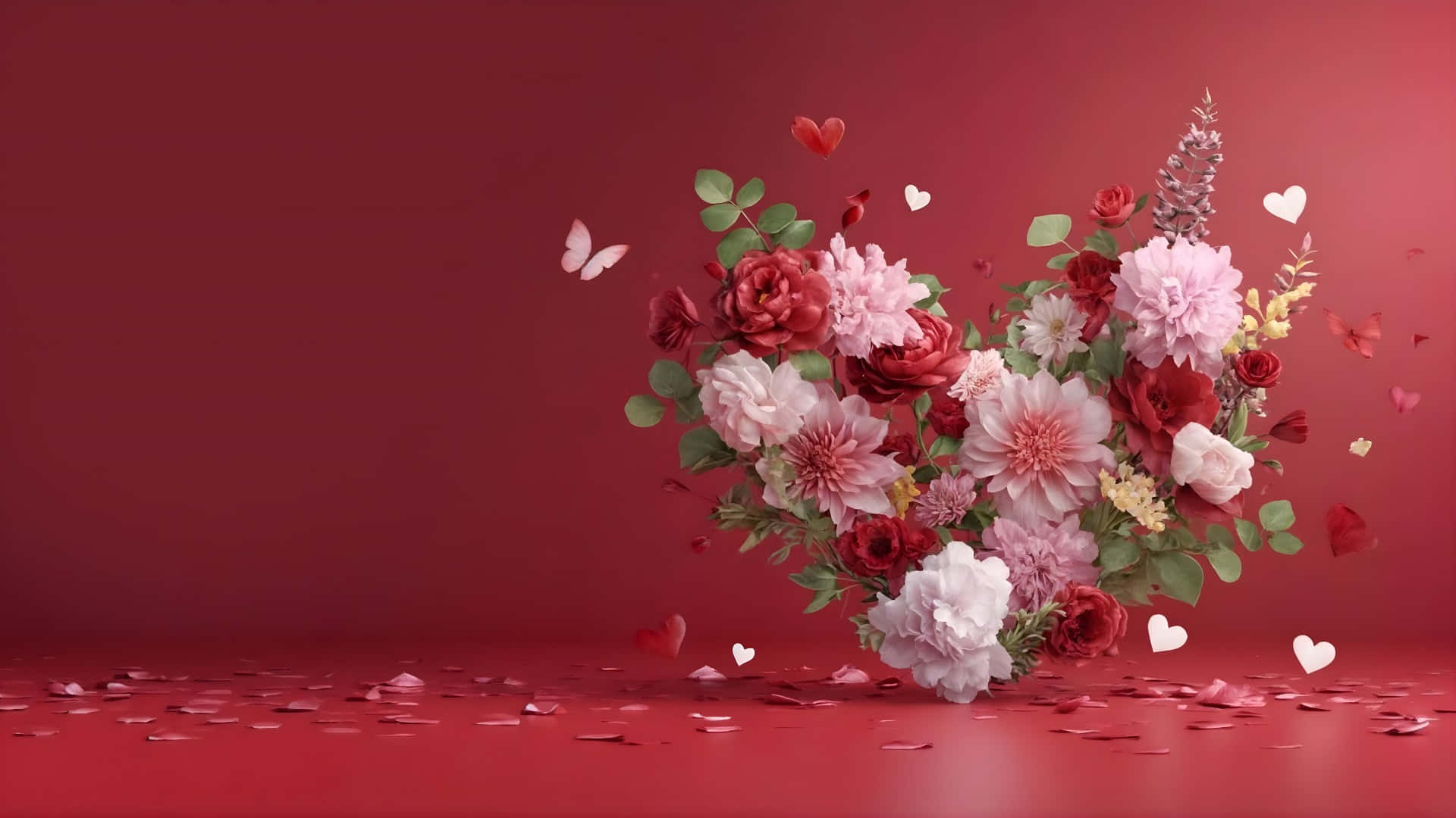  壁紙 — 一個充滿活力的3D渲染花卉佈置，形狀像心形，帶有漂浮的花瓣和心形，背景為深紅色工作室背景。