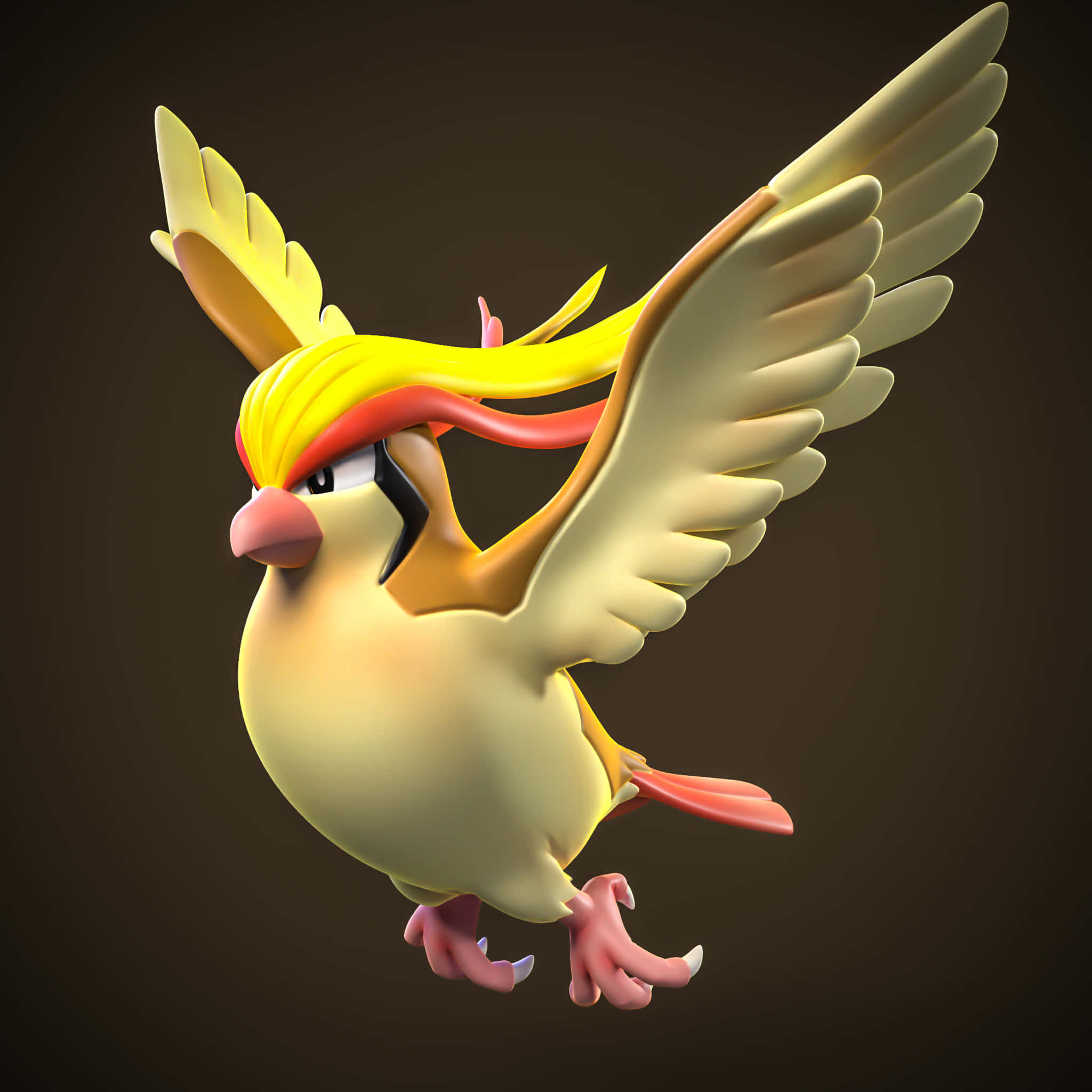 皮奇多3D藝術 壁紙 — 一隻色彩鮮豔的3D渲染鳥類寶可夢，擁有黃色翅膀和紅色頭冠，在深棕色背景上翱翔。