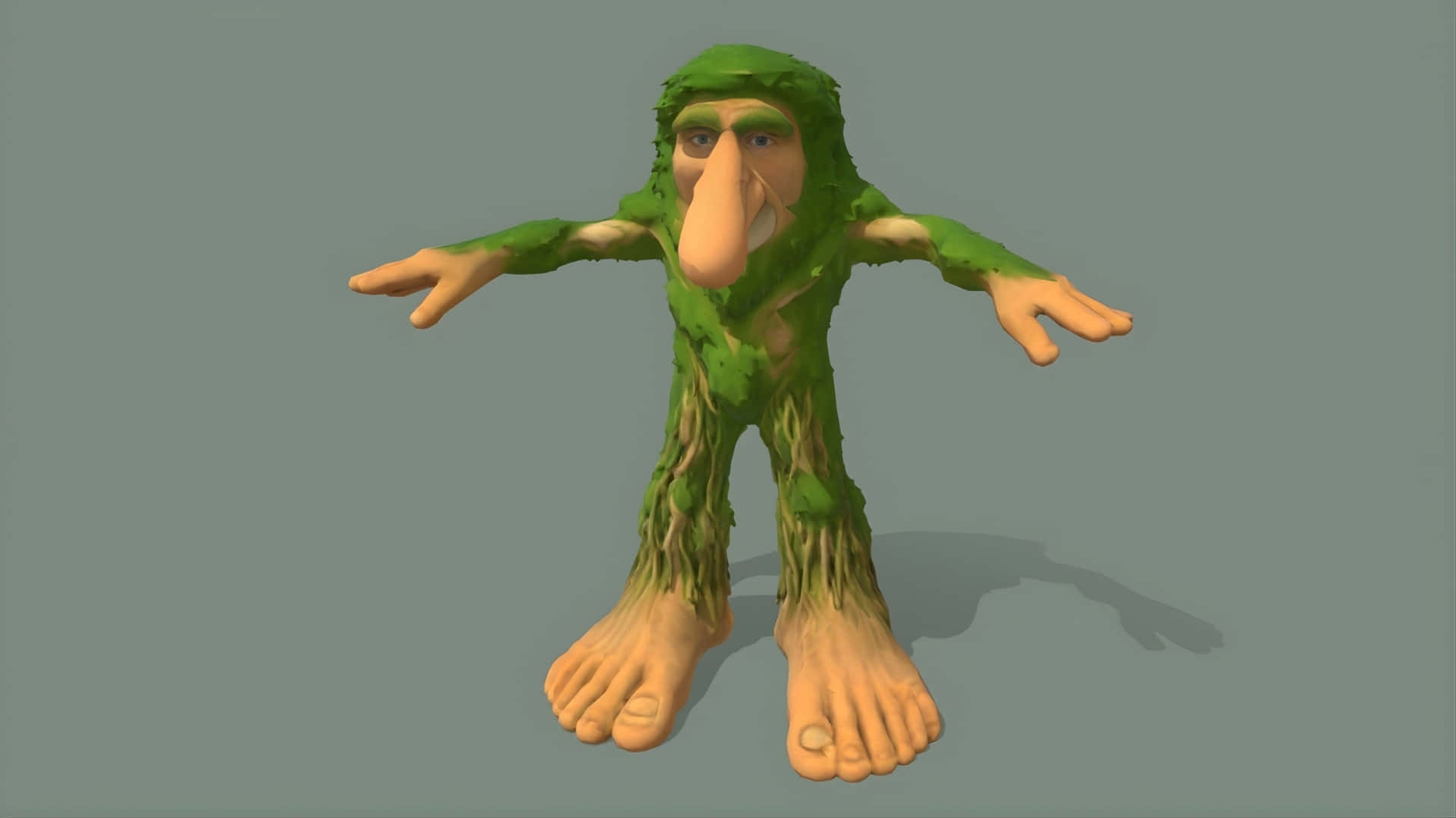  壁紙 — 一個3D渲染的綠色苔蘚生物，長鼻子和赤腳，在純灰色背景上張開雙臂站立。