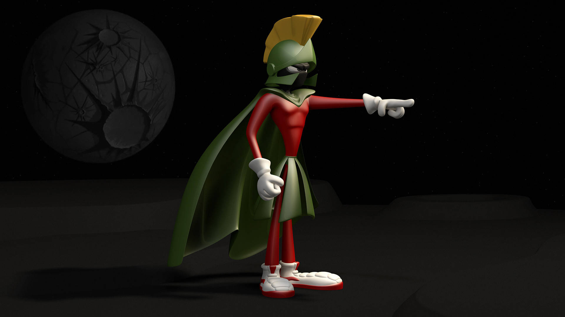馬文火星人3D藝術 壁紙 — 一個以3D渲染的紅色和綠色火星獵人，在繁星點點的太空背景和一個佈滿隕石坑的月球前向前指。