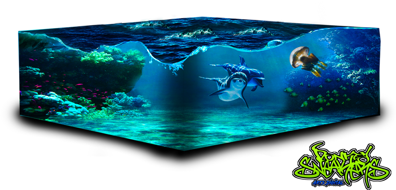 生動水下場景3D顯示 壁紙 — 在發光的藍色海水下，海豚和水母在色彩繽紛的珊瑚礁中游動的充滿活力的水下場景。