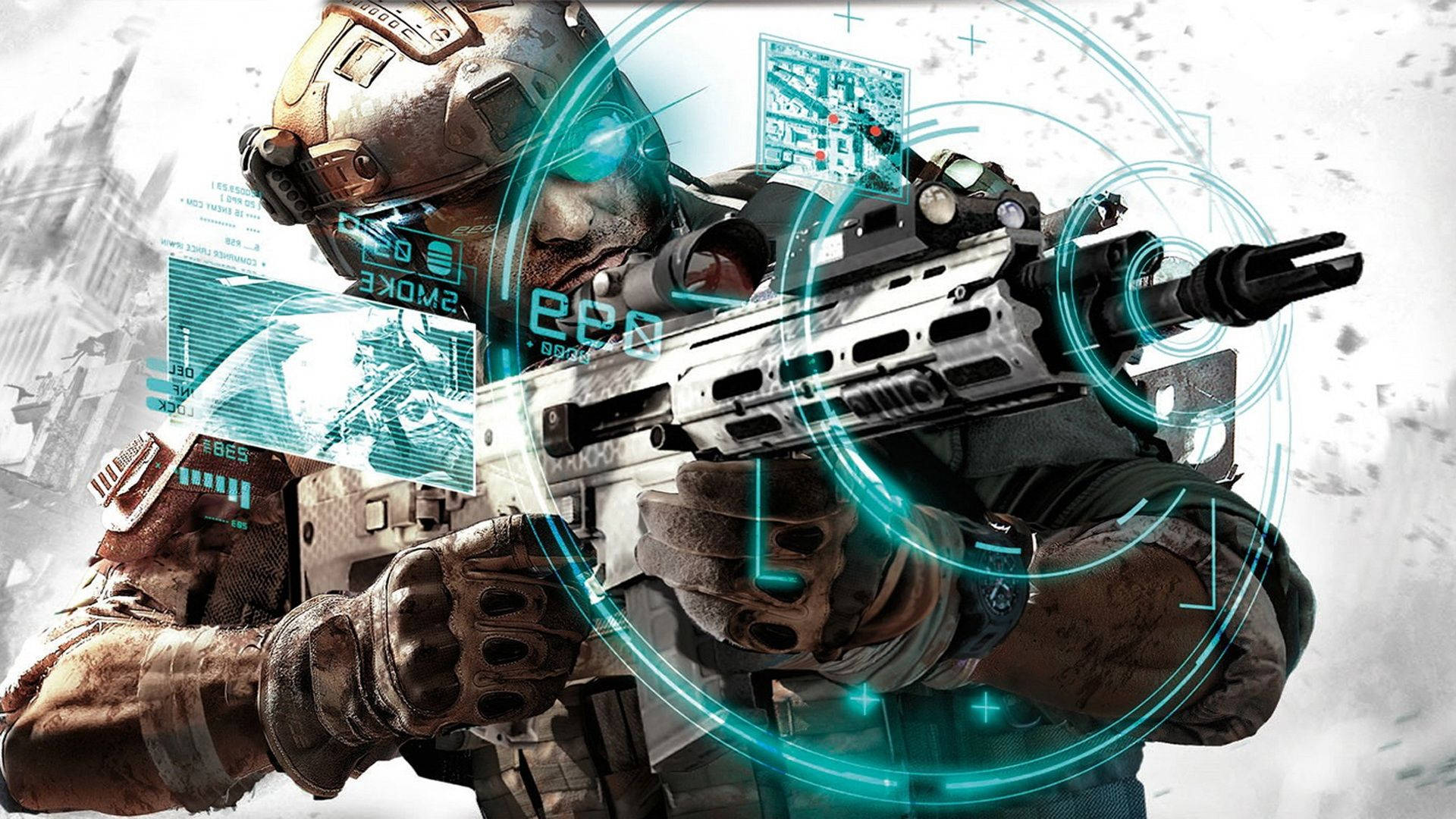 最佳3D遊戲《幽靈行動：未來戰士》 壁紙 — 一名身穿未來裝備的士兵在 gritty 的戰鬥場景中，用帶有發光藍色全息覆蓋層的高科技步槍瞄準。