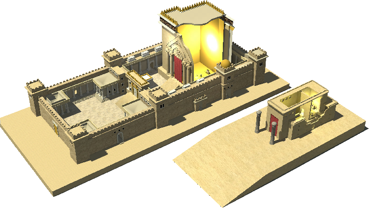 古代廟宇3D模型 壁紙 — 3D 渲染的古代寺廟建築群，內部金光閃閃，石造建築，位於沙地之上。