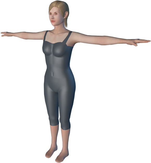 健身模特平衡動作3D渲染 壁紙 — 一位身穿灰色連體衣的3D渲染女性，在黑色背景下張開雙臂站立。