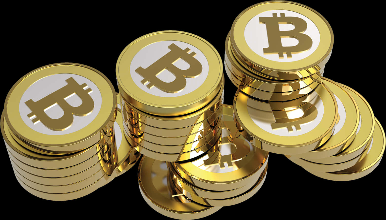 金色比特幣堆疊3D渲染 壁紙 — 一堆閃閃發光的金色比特幣，帶有粗體「B」符號，在純黑背景上動態排列。