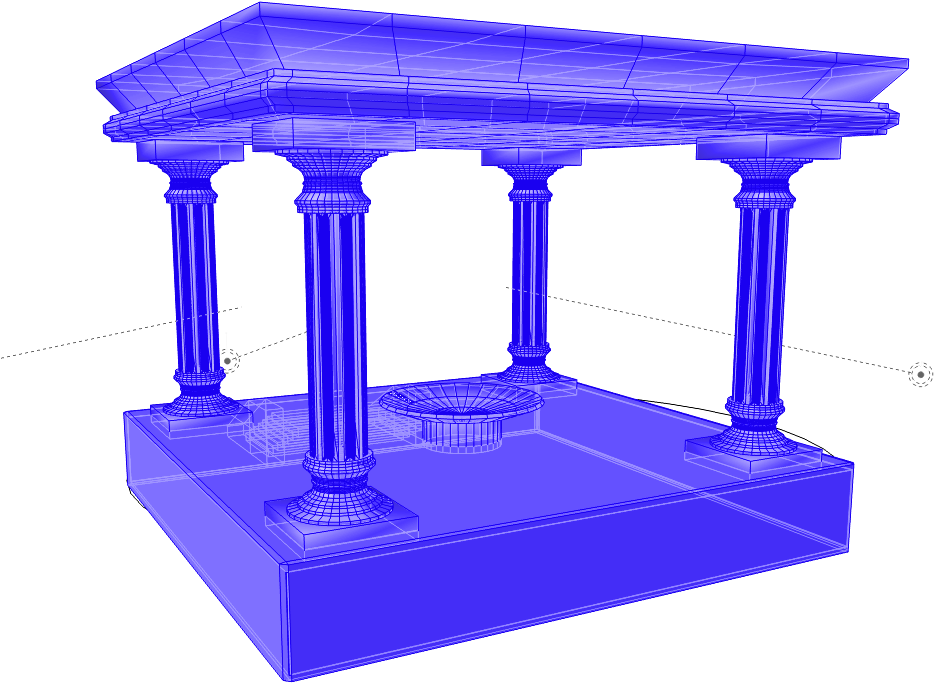 蒸汽波風格神廟 3D 模型 壁紙 — 一個發光的藍色3D線框模型，描繪一個帶有柱子和中央噴泉的古典亭子，背景為黑色。