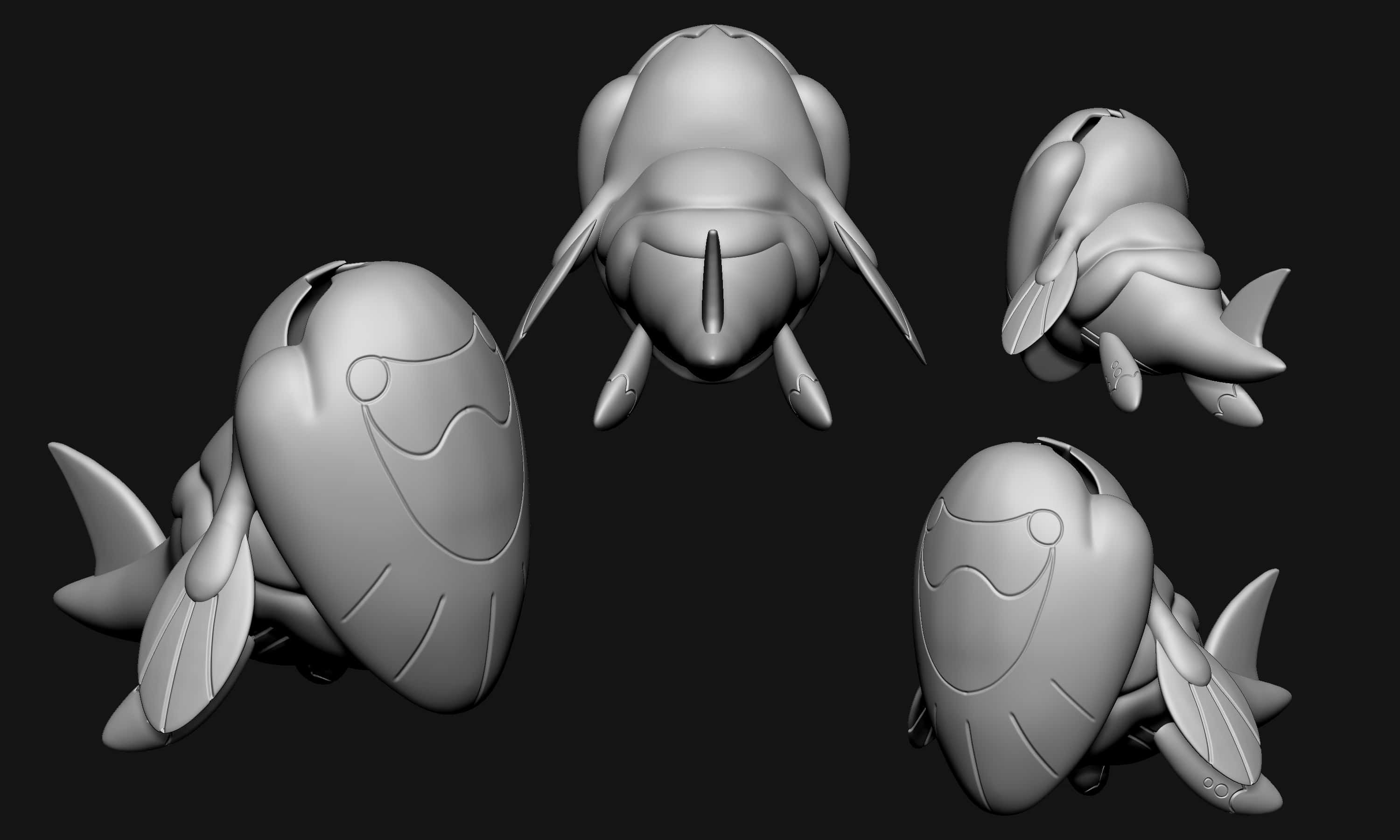 灰色阿克托維斯3D圖像 壁紙 — 五個灰色3D渲染魚模型從不同角度顯示在黑色背景上。