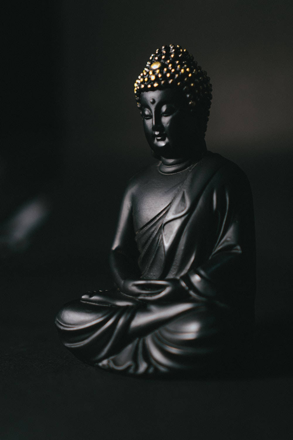 帶有金色肉髻的黑色佛像，呈冥想姿勢。