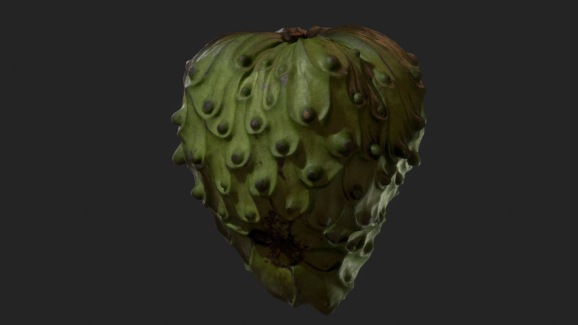 3D 動畫奇異果植物 壁紙 — 一個綠色牛油果的詳細3D渲染，帶有紋理表皮和棕色斑點，背景為深灰色。
