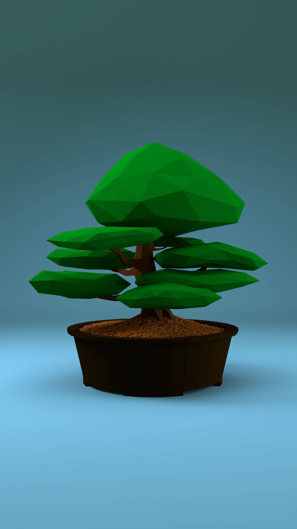 3D 卡通風格盆景樹藝術 壁紙 — 一棵低多邊形盆栽樹，帶有鮮豔的綠色幾何葉子，放在深色花盆中，背景為藍色漸變。