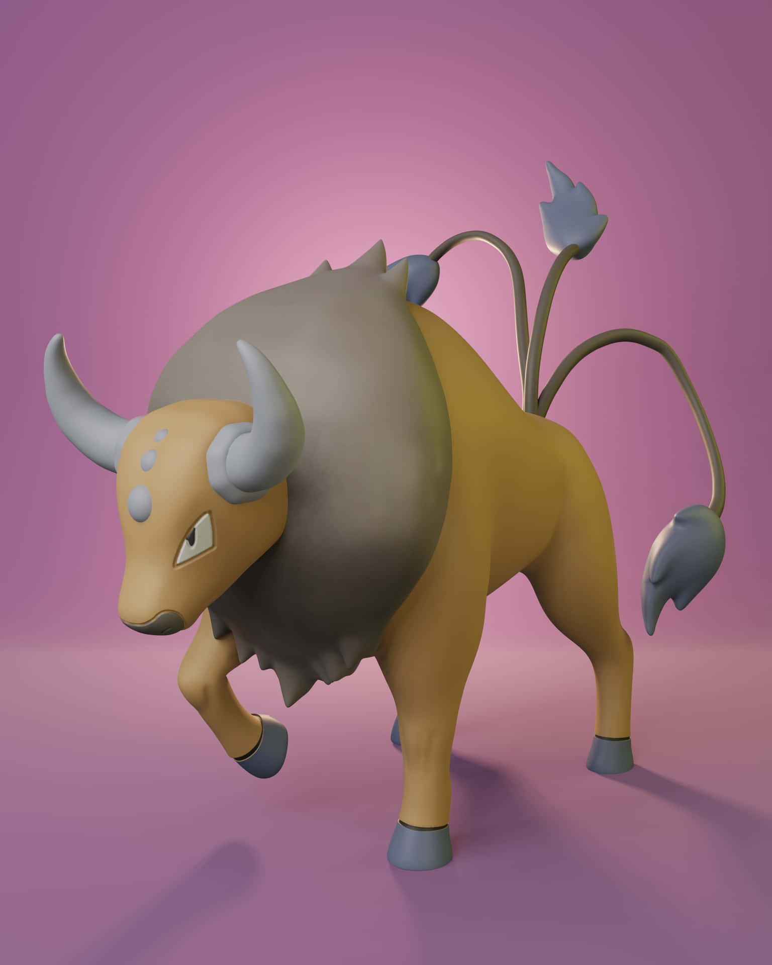 3D 塔羅斯 壁紙 — 一個3D渲染的雄偉公牛狀生物，有灰色角和藍色尖端尾巴，站在柔和的粉紅色漸變背景前。
