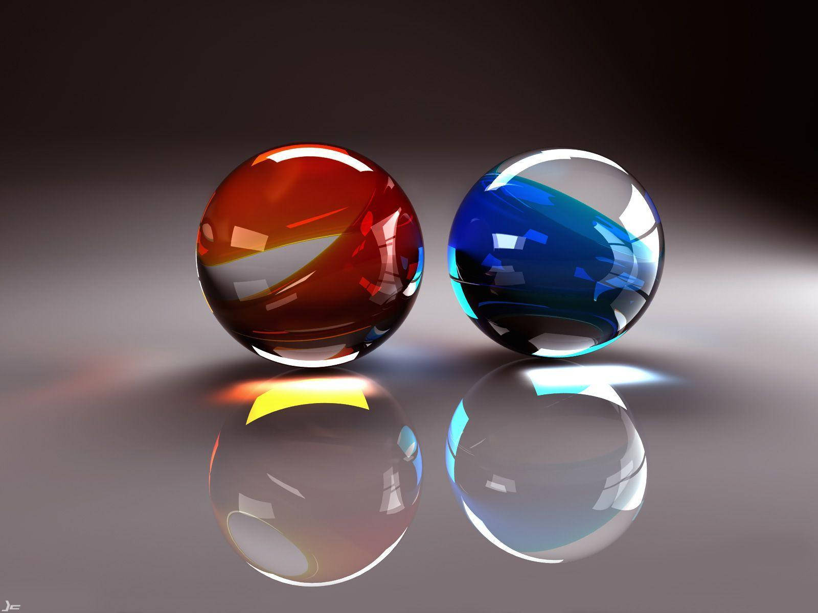 3D 大理石水晶球 壁紙 — 兩個光滑的玻璃球體——一個火紅，一個冷藍——放置在反光表面上，投射出鮮明的鏡面反射。