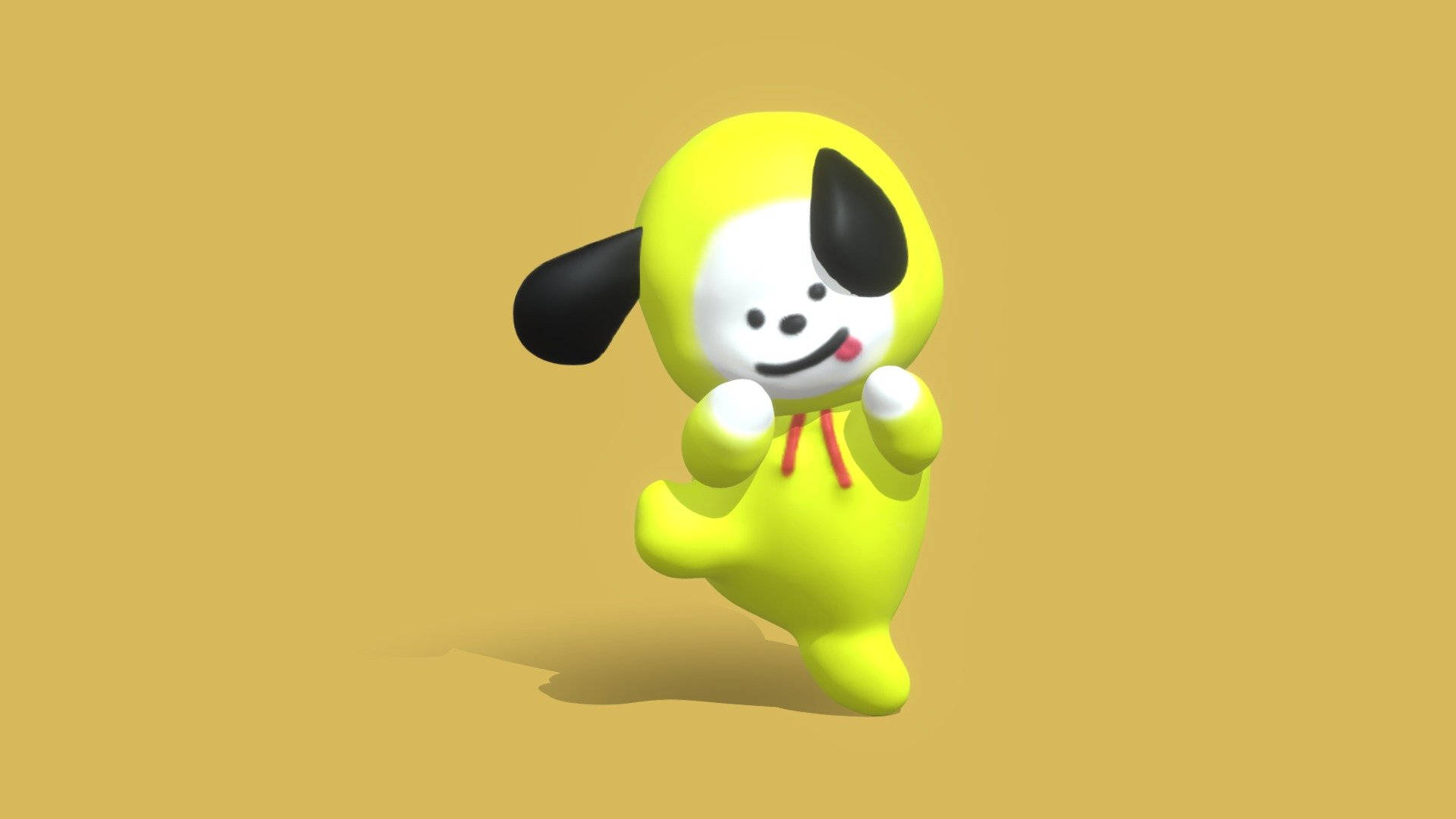 3D 奇米 Bt21 棕色背景 壁紙 — 一隻快樂的黃色卡通狗，黑色耳朵和紅色領帶，在純芥末黃背景上歡快地跳躍。