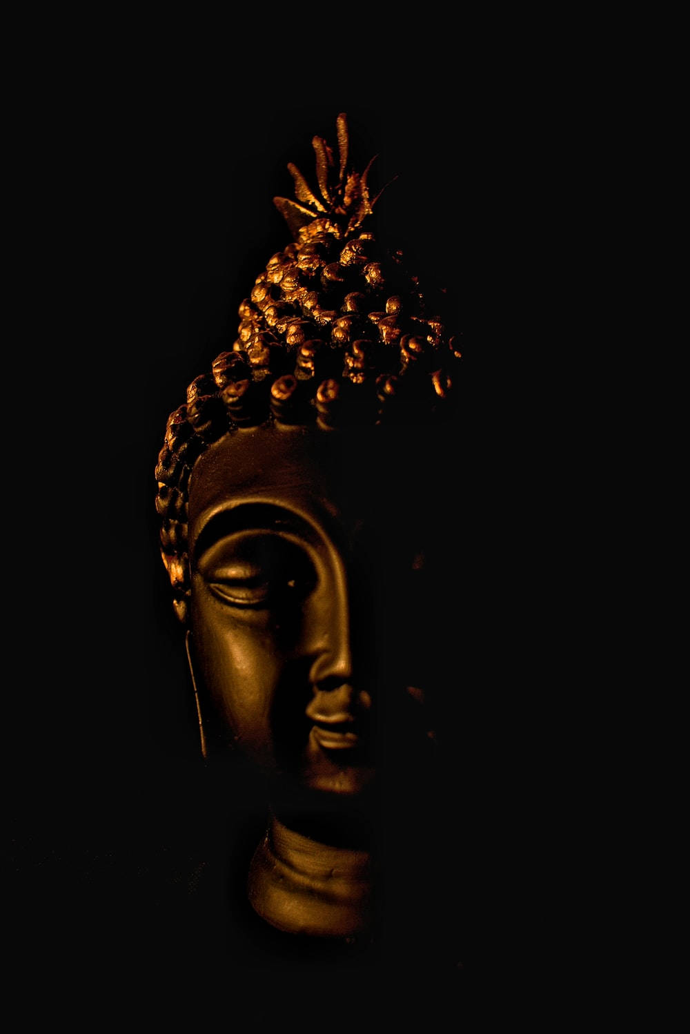 昏暗光線下的金色佛像頭像，黑色背景。
