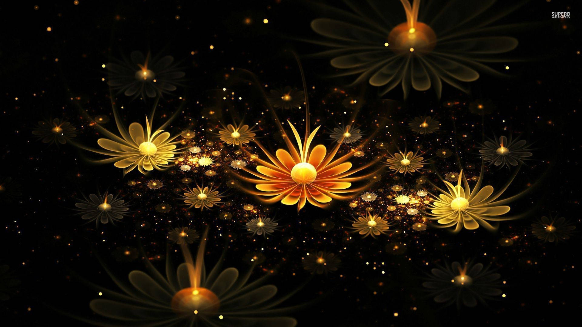 3D 桌面發光黃色雛菊 壁紙 — 金色分形花朵在佈滿星光的黑色虛空中綻放，發光粒子圍繞它們旋轉。
