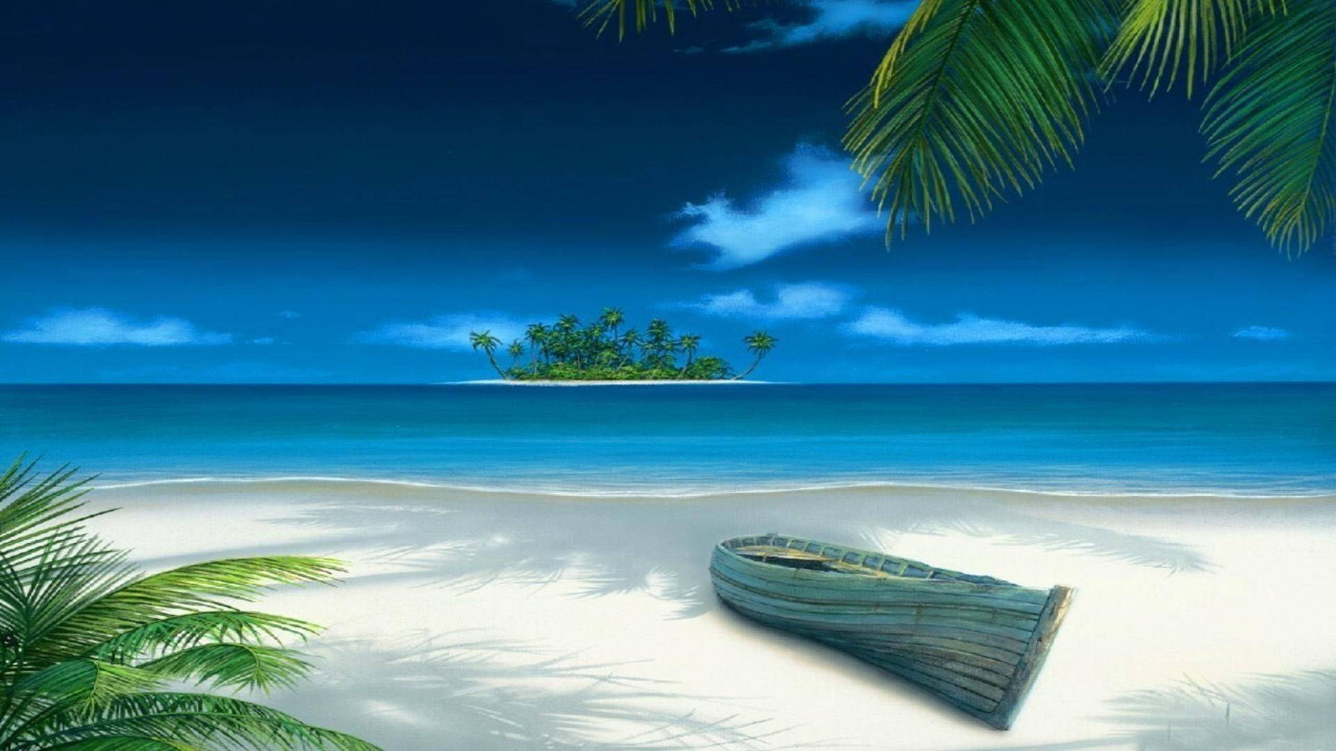 3D 桌面美麗白沙海灘 壁紙 — 一艘風化的木船擱在 pristine 的白色沙灘上，周圍是茂密的棕櫚葉，在 vibrant 的藍天下，遠處有一個熱帶島嶼。