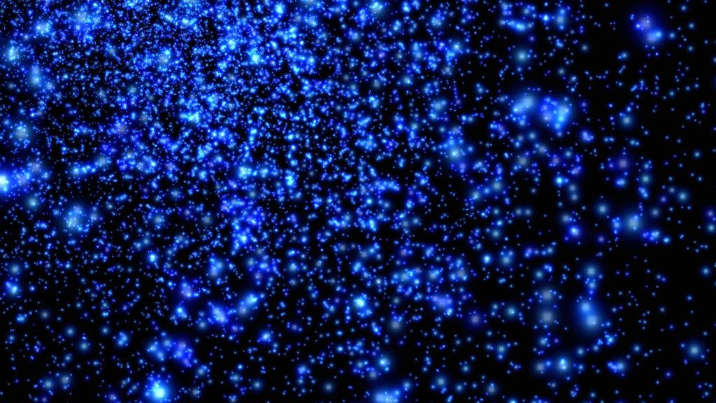 3D 桌面藍色星星 壁紙 — 一個迷人的發光藍色粒子場，像宇宙塵埃一樣在深邃的黑色虛空中飄移。