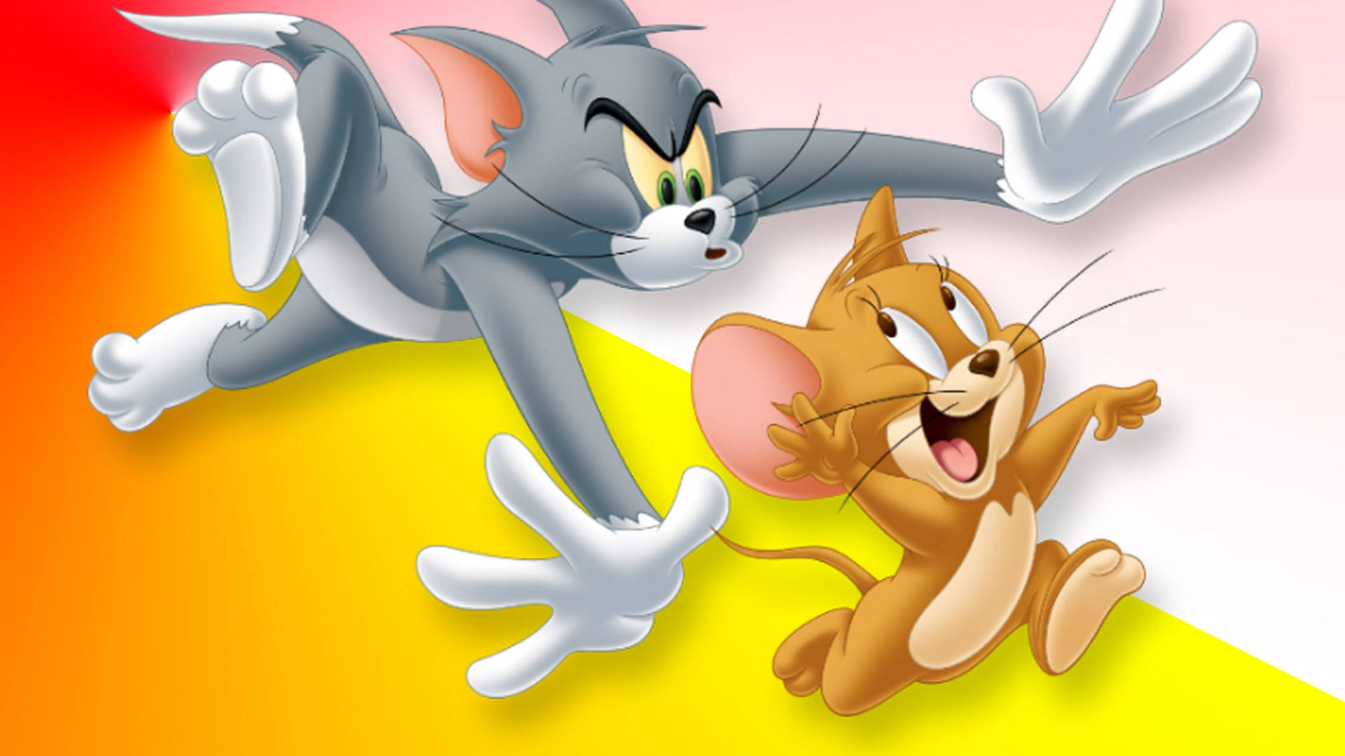 3D 汤姆與傑瑞卡通追逐 壁紙 — 灰色貓 Tom 搞笑地撲向棕色老鼠 Jerry，背景是充滿活力的橙黃漸變色。