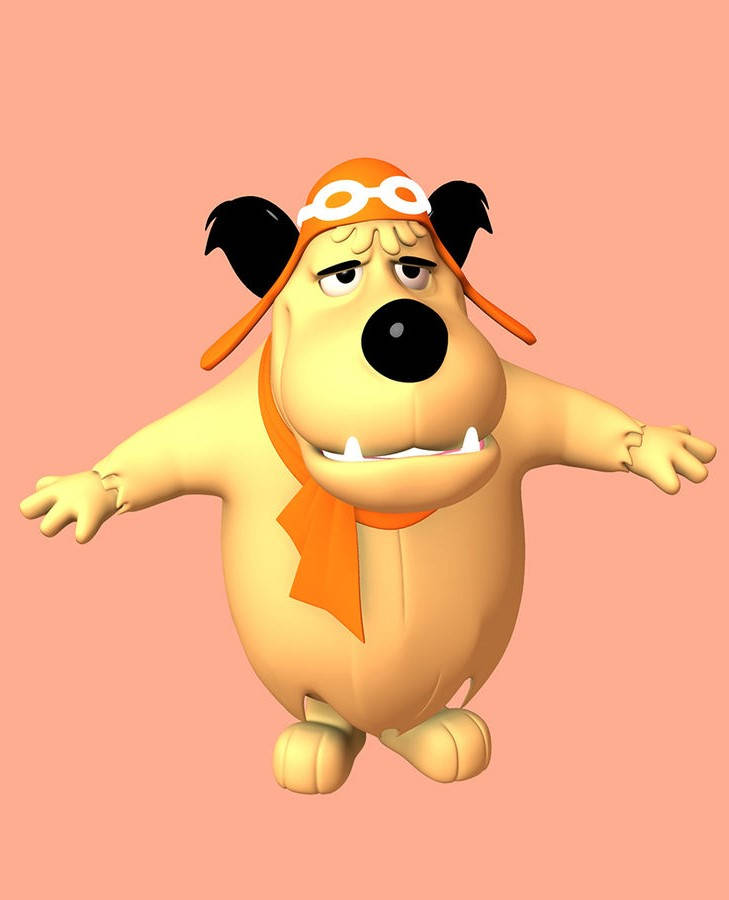 3D 渲染 Muttley 角色圖像 壁紙 — 一隻3D渲染的卡通狗，戴著橙色飛行帽和護目鏡，表情擔憂，背景為純蜜桃色。