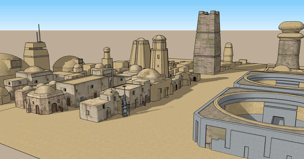 Mos Eisley 桌布 壁紙 — 3D 渲染的沙漠城市景觀，擁有圓頂建築和高塔，在清澈的藍天下。
