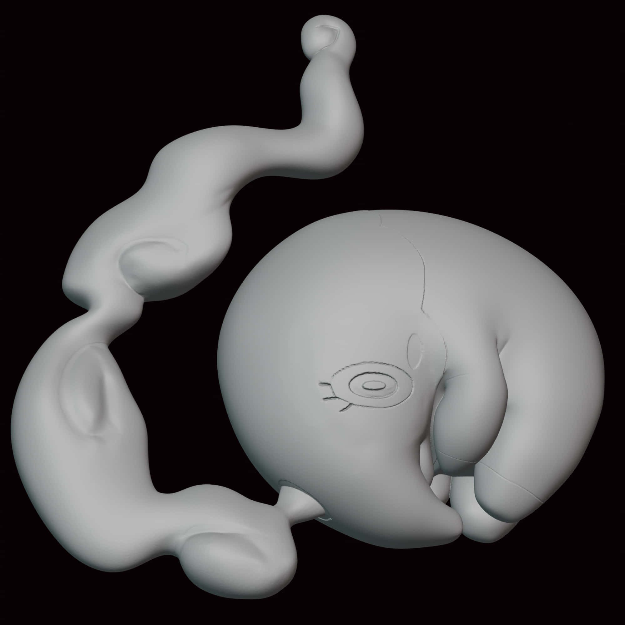 3D 無紋理 Musharna 壁紙 — 一個光滑的白色抽象雕塑，具有盤繞的形狀和一個類似眼睛的凹陷，背景為黑色。