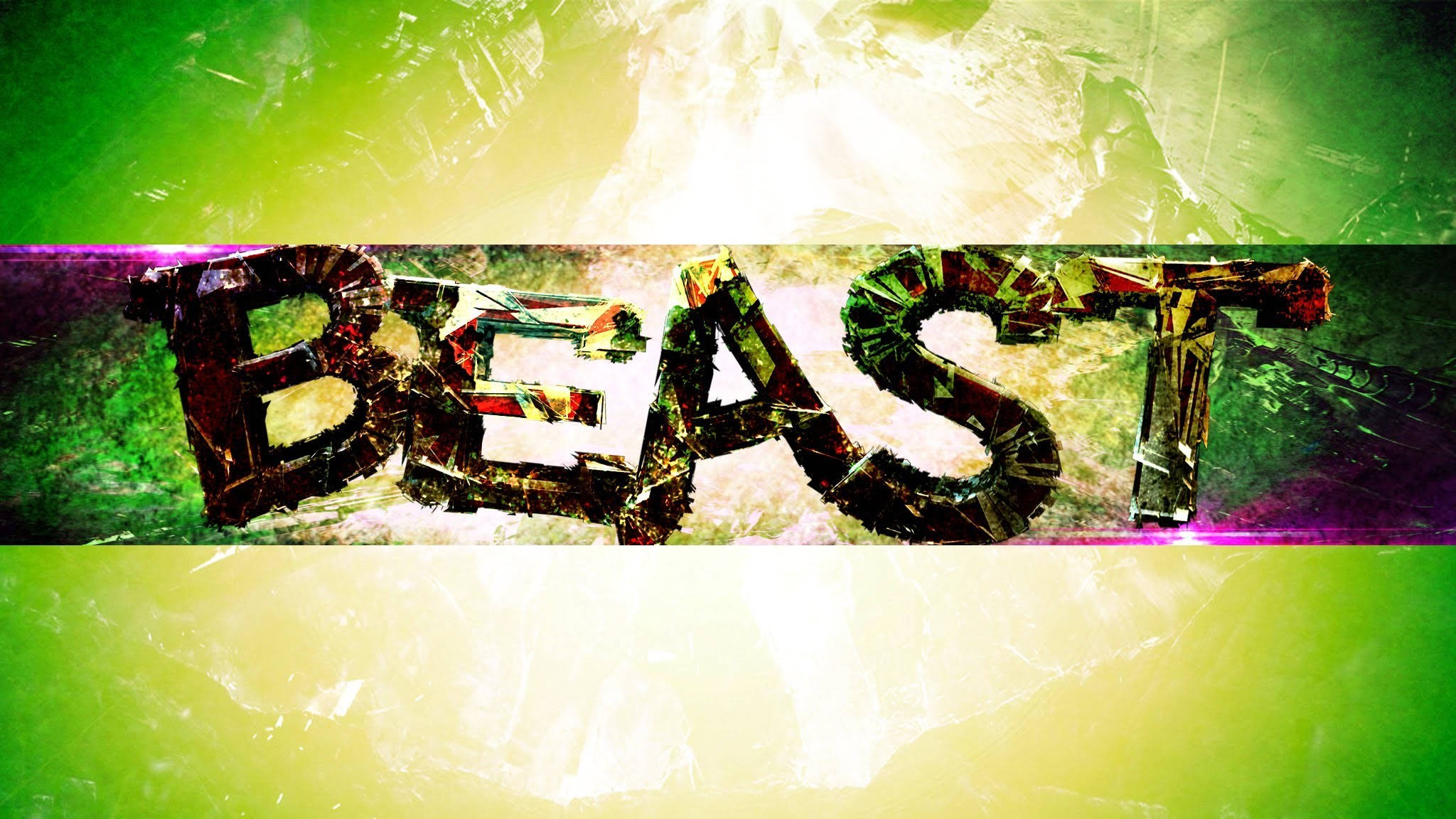 3D 碎裂文字 YouTube 頭版 壁紙 — 「BEAST」一詞以破碎玻璃字母呈現，在帶有紫色點綴的鮮豔綠色和黃色抽象背景上發光。