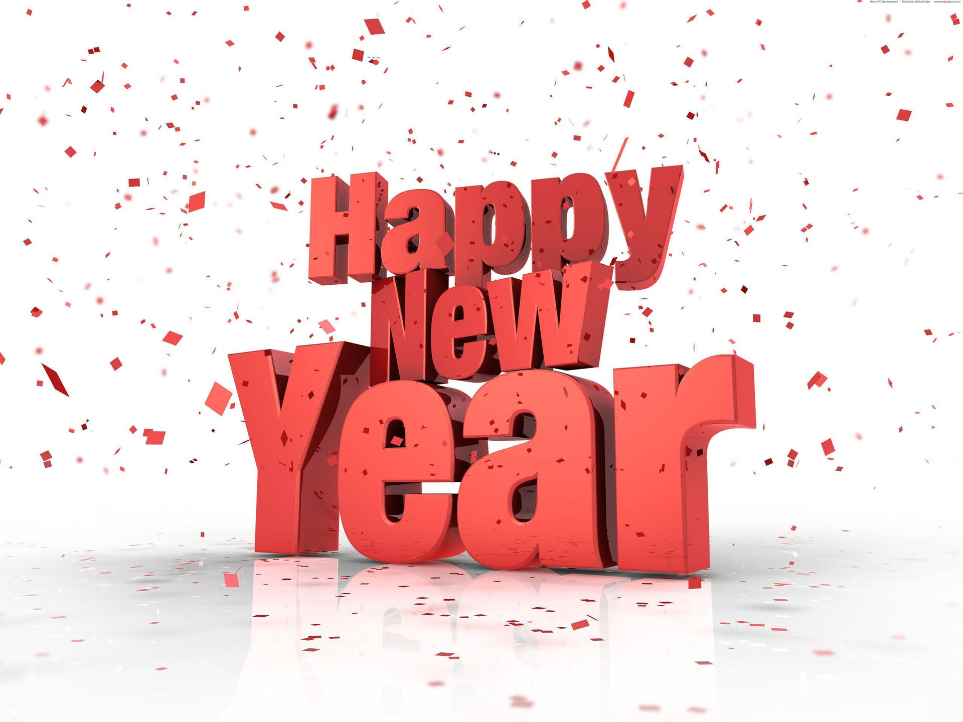 紅色3D Happy New Year文字，帶有落在反光白色表面上的五彩紙屑。