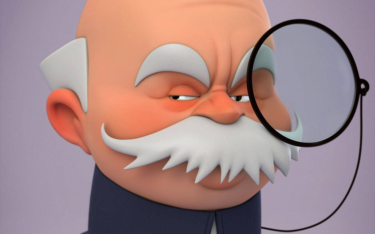 3D 自命不凡老者 壁紙 — 一個卡通風格、3D渲染的光頭老人，留著白色鬍子，戴著圓框眼鏡，神情嚴肅地凝視著。
