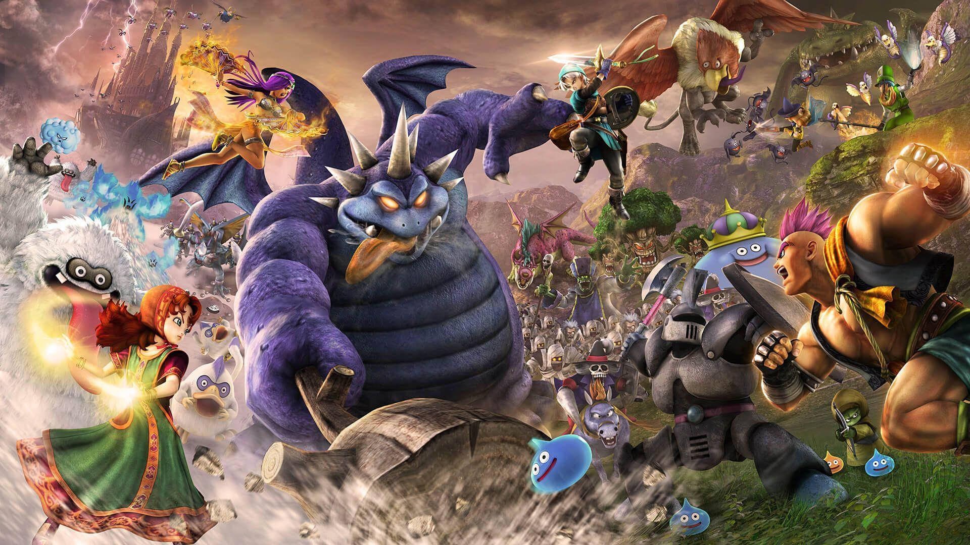 3D 英雄對戰龍 Quest 怪物 壁紙 — 一個充滿活力的奇幻戰鬥場景， featuring 一隻巨大的紫色龍，被各種戰士和魔法生物包圍，在混亂的戶外競技場中。